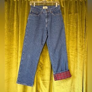 LL Bean Classic Straight leg high rise jeans with cotton plaid lining. 6 Petite